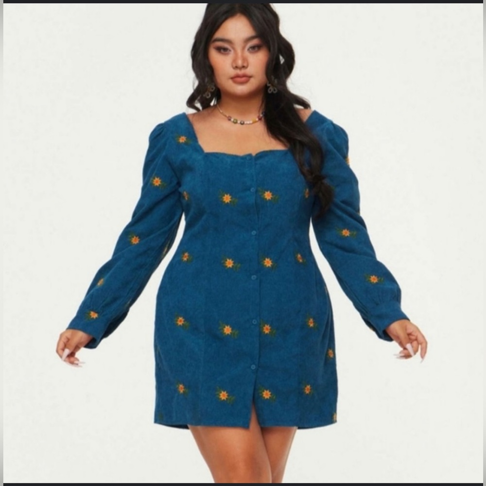 Cider NWT! Corduroy Blue Daisy Floral long Sleeve Button Down Dress Midi XL